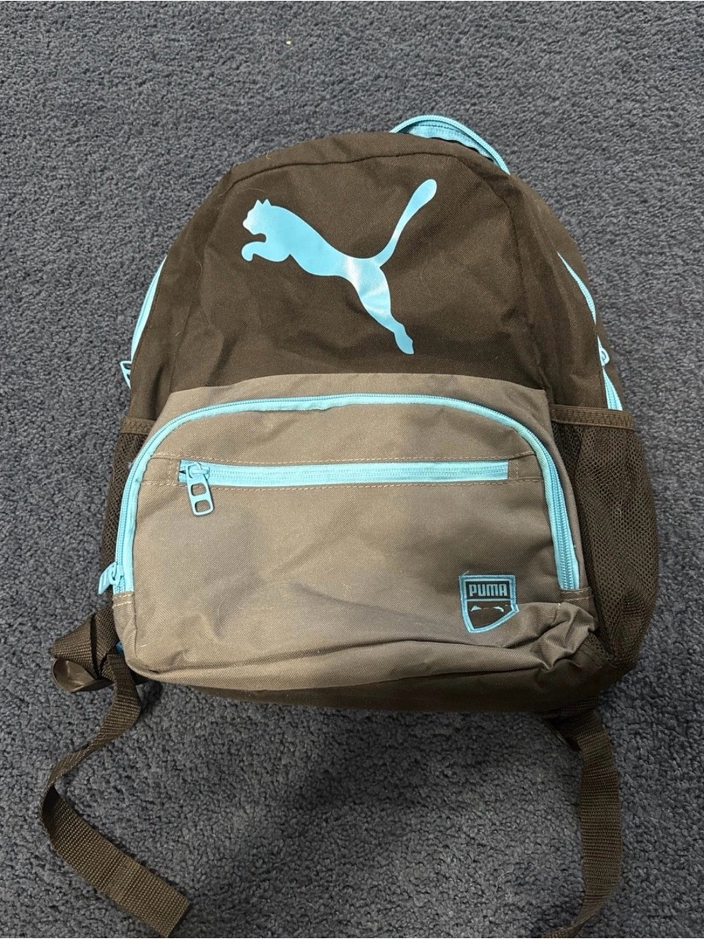 Puma Brown Backpack with Light Blue Puma Logo and Trim